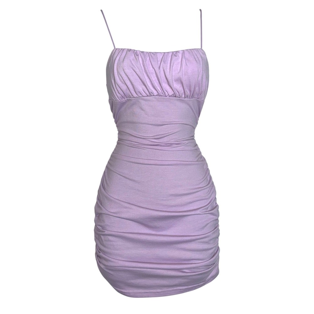 New XS Purple Lavender Ruched Bodycon Mini Dress Spaghetti Strap Y2k retro